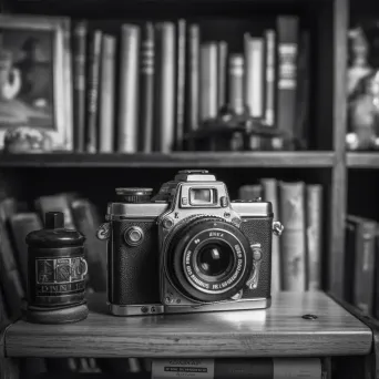 Black and white old film camera on vintage bookshelf - Image 4