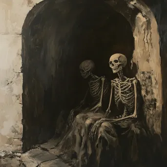 Chiaroscuro oil painting of an ancient crypt with emerging skeletal figures - Image 3