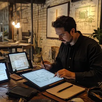 A startup founder reviewing a business plan on a tablet surrounded by devices. - Image 2