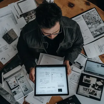 A startup founder reviewing a business plan on a tablet surrounded by devices. - Image 4