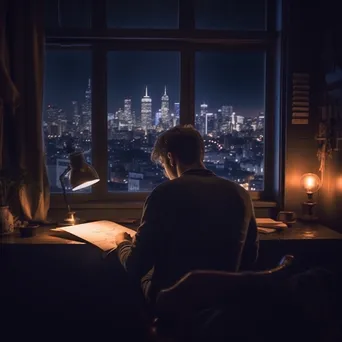 Student studying at night with candles and a city view. - Image 1