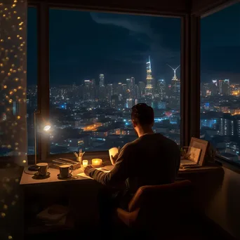 Student studying at night with candles and a city view. - Image 3