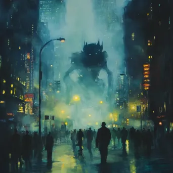 Surrealist acrylic painting of a cityscape populated by shadow creatures, with neon lights flashing in heavy fog - Image 3