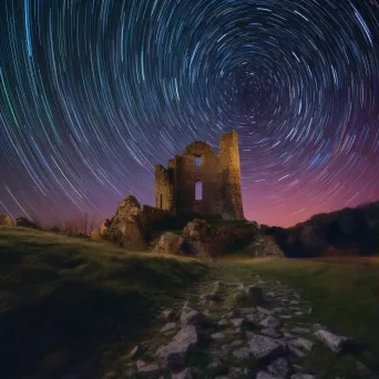 Vibrant star trails painting the sky above ancient castle ruins - Image 1