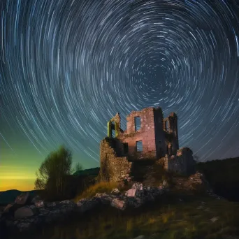 Vibrant star trails painting the sky above ancient castle ruins - Image 2