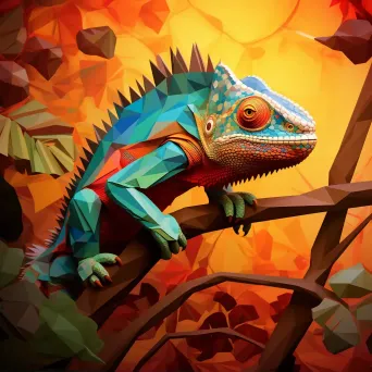 Geometric representation of colorful chameleon in jungle in low poly style - Image 2