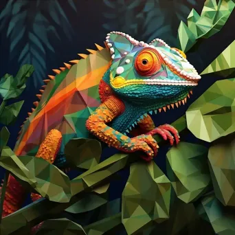 Geometric representation of colorful chameleon in jungle in low poly style - Image 4