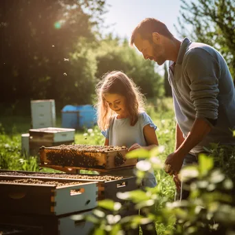 Family with children learning beekeeping at traditional apiary on a sunny day. - Image 3