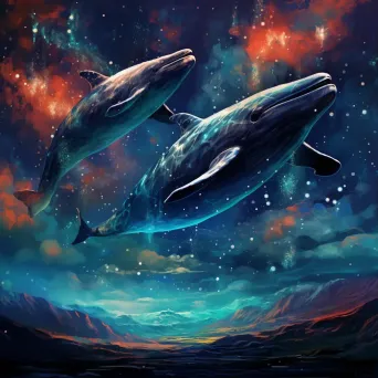 Surrealistic artwork of cosmic whales swimming among glowing constellations - Image 1