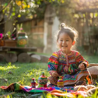 Joyful child in colorful ethnic clothing playing outdoors - Image 2