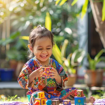 Joyful child in colorful ethnic clothing playing outdoors - Image 3