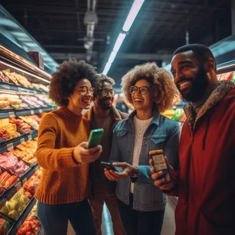 Diverse group of friends shopping in a supermarket aisle for snack options. - Image 1