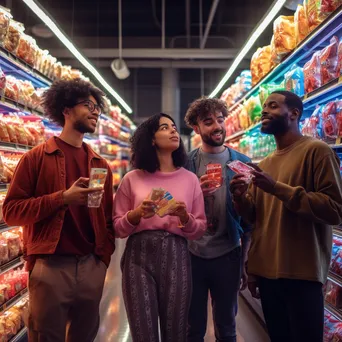 Diverse group of friends shopping in a supermarket aisle for snack options. - Image 2