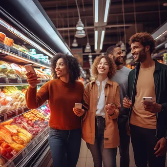 Diverse group of friends shopping in a supermarket aisle for snack options. - Image 4