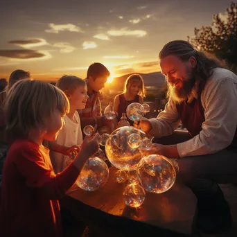 Artisan teaching children glass blowing techniques outdoors - Image 3