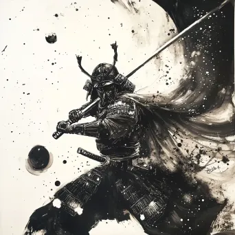 Galactic samurai wielding a stardust katana, depicted in ink wash painting technique, amidst cosmic battle - Image 4