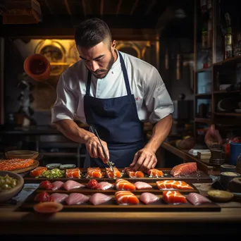 Chef skillfully preparing sushi on a bamboo mat - Image 1