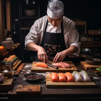 Chef skillfully preparing sushi on a bamboo mat - Image 2