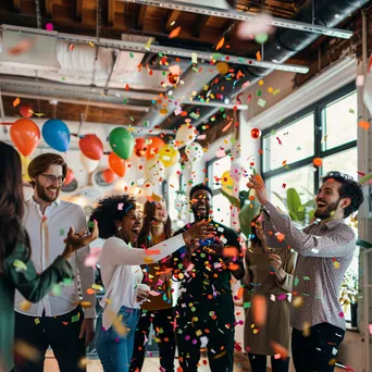 Startup team celebrating product launch with confetti in an office. - Image 3