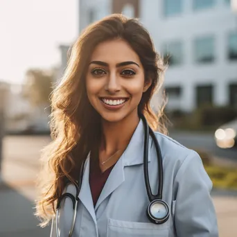 Female doctor smiling with stethoscope outside hospital - Image 1