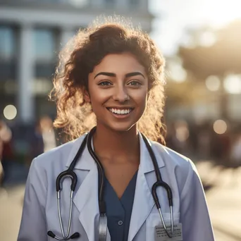 Female doctor smiling with stethoscope outside hospital - Image 2