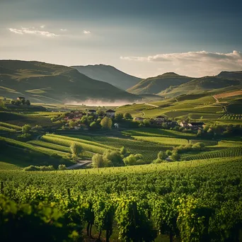 Scenic vineyard landscape with blossoming grapevines in spring. - Image 1