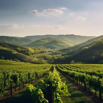 Scenic vineyard landscape with blossoming grapevines in spring. - Image 3