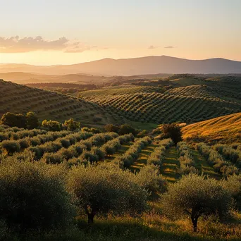 Rollings hills of olive trees at sunset creating a picturesque view. - Image 1