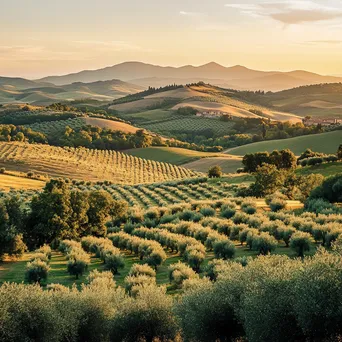 Rollings hills of olive trees at sunset creating a picturesque view. - Image 2