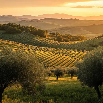 Rollings hills of olive trees at sunset creating a picturesque view. - Image 3