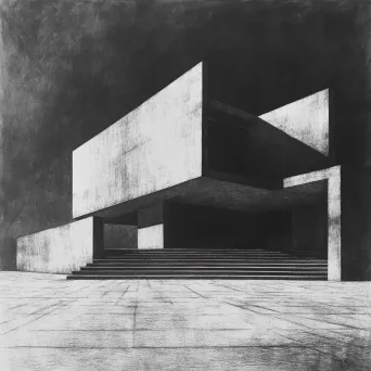 Charcoal sketch of stark, geometric architecture against an open sky, embodying minimalism - Image 1