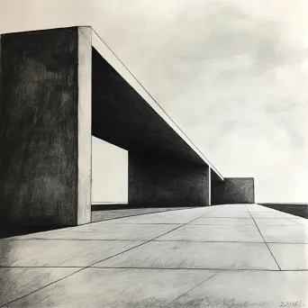 Charcoal sketch of stark, geometric architecture against an open sky, embodying minimalism - Image 2