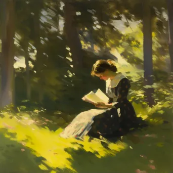 Woman reading a book in a serene forest glade symbolizing intellectual exploration - Image 1