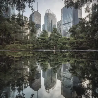 Cityscape transitioning into a tranquil forest in glass skyscraper reflection - Image 1