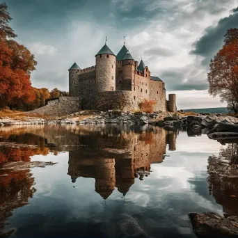 Historic castle on lake island with reflections - Image 1