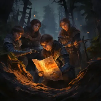 Group of adventurers by a campfire in a mystical forest consulting a map - Image 3