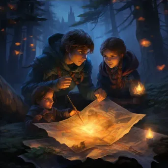 Group of adventurers by a campfire in a mystical forest consulting a map - Image 4