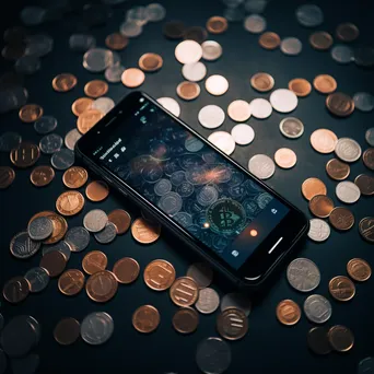 Smartphone displaying a digital wallet with cryptocurrency coins around it - Image 1