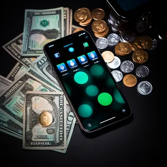 Smartphone displaying a digital wallet with cryptocurrency coins around it - Image 3