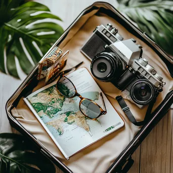 Overhead view of a packed suitcase with travel essentials - Image 1