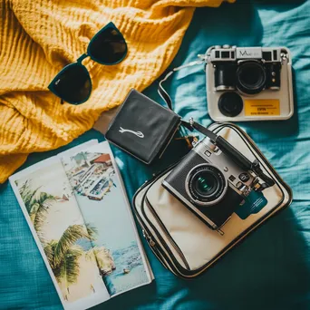 Overhead view of a packed suitcase with travel essentials - Image 4