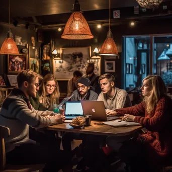 Group of students engaged in study session at a cafe table. - Image 1