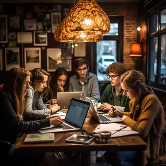 Group of students engaged in study session at a cafe table. - Image 2