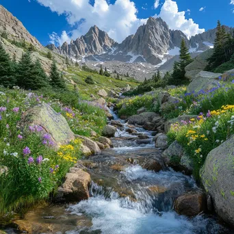 Rugged mountain stream surrounded by jagged peaks and colorful wildflowers. - Image 2