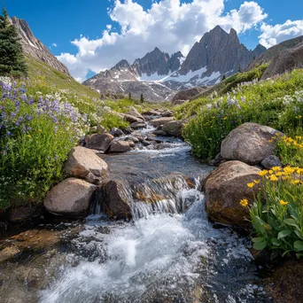 Rugged mountain stream surrounded by jagged peaks and colorful wildflowers. - Image 3