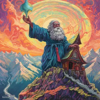 Image of an old hermit on a mountain peak under a vibrant sky with swirling colors - Image 1