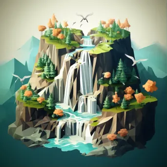 Isometric view of a low poly waterfall landscape with steep cliffs and vibrant foliage - Image 1