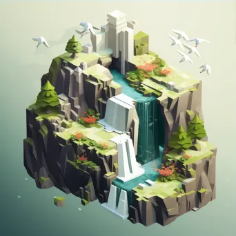 Isometric view of a low poly waterfall landscape with steep cliffs and vibrant foliage - Image 3