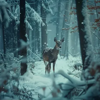 Aerial view of snowy forest with deer in winter - Image 1