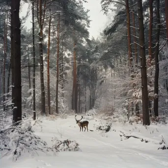 Aerial View of Snowy Forest with Roaming Deer